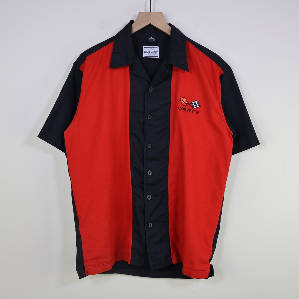 David Carey‎ Corvette Racing Button Up Shirt Size Medium Retro Red Black